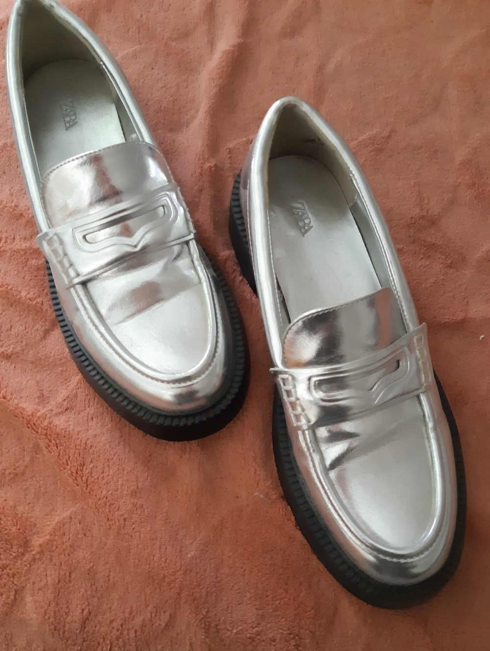 Metallic Silver Loafers with Black Lug Sole